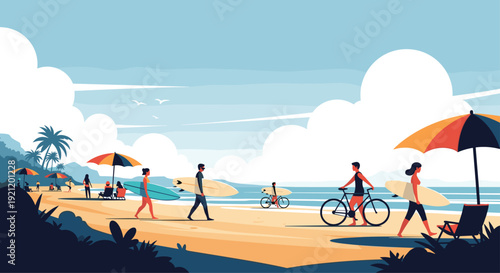 People enjoy a beautiful day at a tropical beach, with surfers carrying boards, a cyclist, and others relaxing under umbrellas.