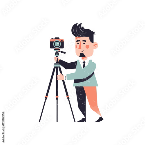 Cartoon photographer with camera on tripod