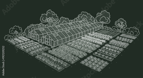 A detailed chalk-style illustration of a large farm with multiple greenhouses and neatly organized rows of various crops.