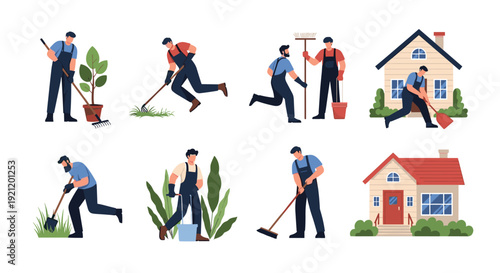 A set of illustrations showing a gardener in various poses, including planting, weeding, sweeping, and digging in a yard.