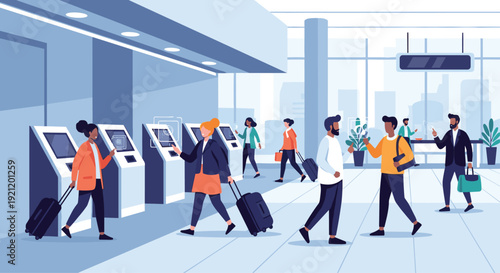 Busy airport terminal with diverse travelers walking with luggage and using self-service check-in kiosks with face recognition.