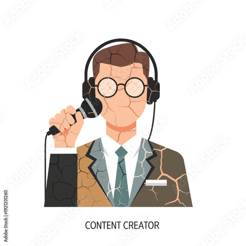Cracked content creator holding microphone with headphones, dry earth texture