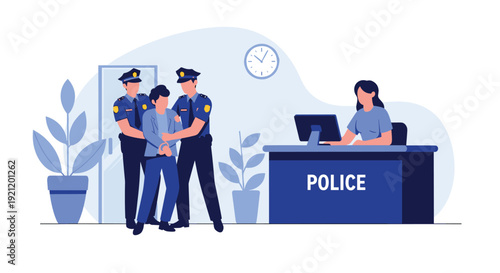 Two police officers are arresting a handcuffed suspect and bringing him to the front desk of a modern police station.