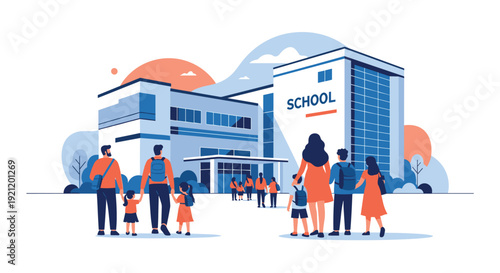 Parents and children with backpacks are walking towards a large, modern school building for the first day of school.