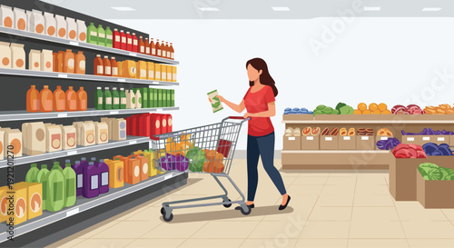 Woman shopping for food in a supermarket aisle, choosing products from the shelves and pushing a cart full of groceries.