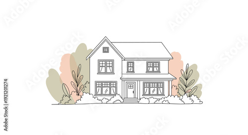 A simple and elegant line art illustration of a two-story suburban house surrounded by bushes and trees with pastel color accents.