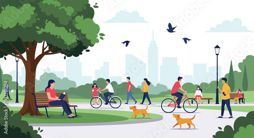 People enjoying various outdoor activities in a city park, including cycling, walking dogs, and relaxing on a park bench.