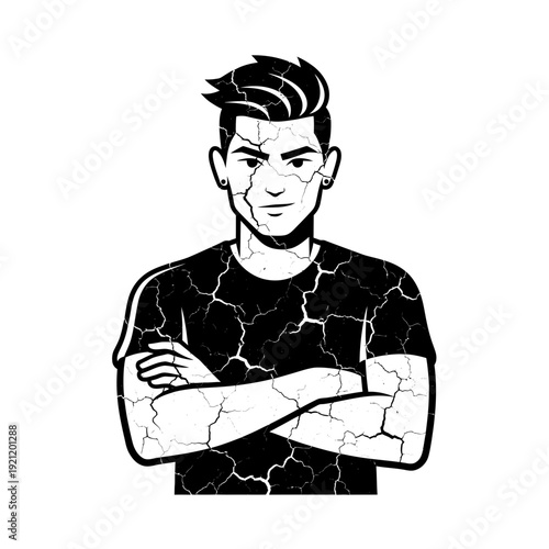 Cracked Man Portrait, Tough Guy, Serious Expression, Arms Crossed