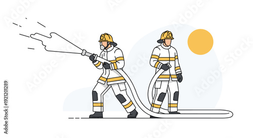 Minimalist line art illustration of two firefighters in uniform working as a team to operate a high-pressure water hose.