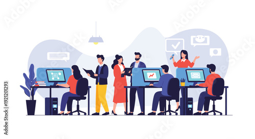 Dynamic co-working space with a diverse team of employees working on computers while managers provide guidance and support.