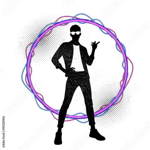 Silhouette of a stylish person in sunglasses and jacket, framed by neon circle