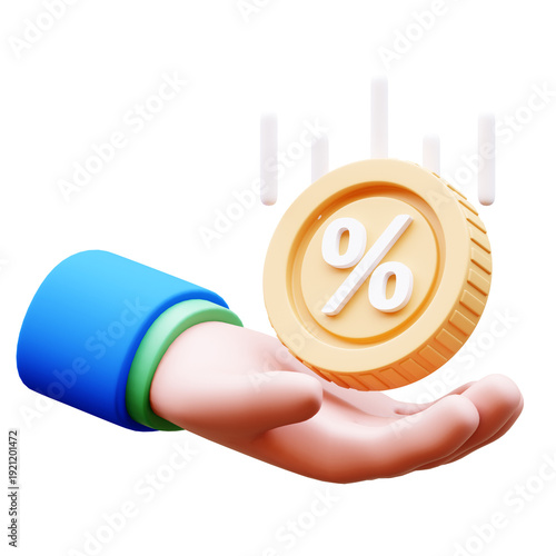 Hand holding percentage coin with falling graphs, representing financial concepts, 3D Illustration, Transparent background.