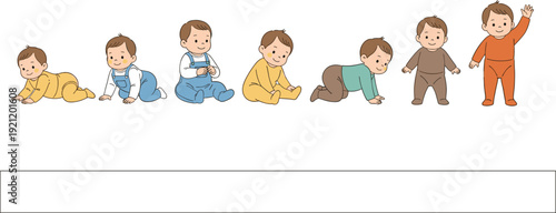 Flat vector illustration set of a cute baby showing different growth stages from crawling and sitting to 