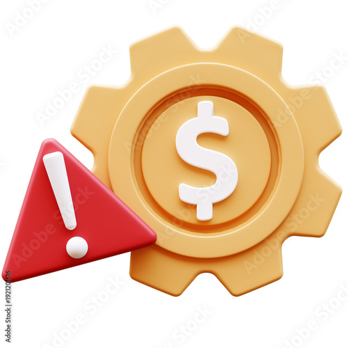Gear coin with dollar sign and red triangle warning sign icon, 3D Illustration, Transparent background.