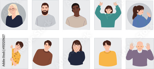 Collection of diverse people avatars and profile pictures featuring men and women with different hairstyles expressions and ethnic backgrounds in flat vector style
