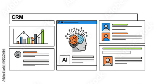 Modern CRM interface displaying customer data, analytical charts, and an artificial intelligence brain graphic for enhanced business management.