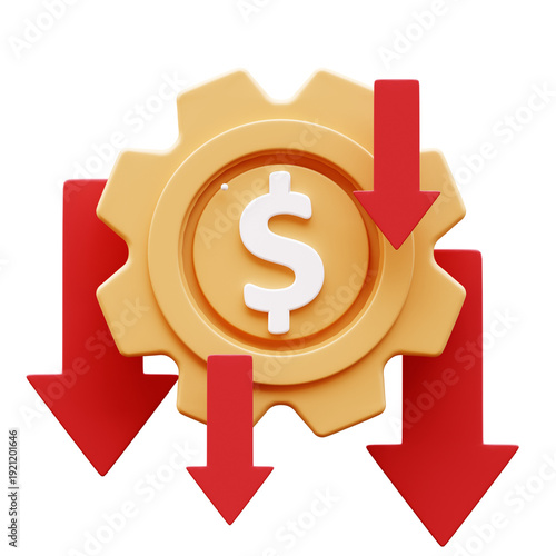 Golden gear coin with dollar sign and red arrows pointing down, 3D Illustration, Transparent background.