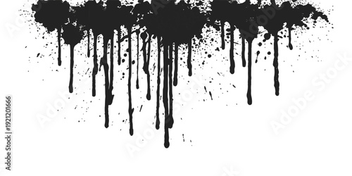 Abstract black ink splatter and drips grunge texture on a white background, distressed vector art for design