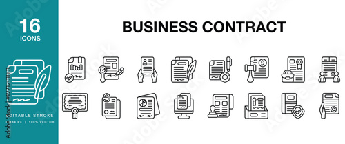 Business Contract icon set. Includes contract, agreement, legal, law, document and More. Editable Stroke Icon Collection.