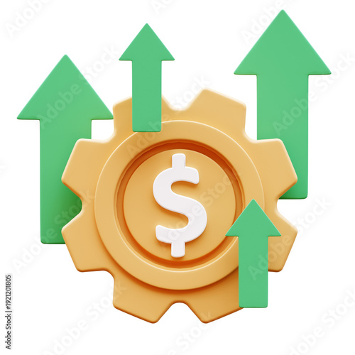 Dollar sign on a gear with green arrows pointing upwards, indicating financial growth and success, 3D Illustration, Transparent background.