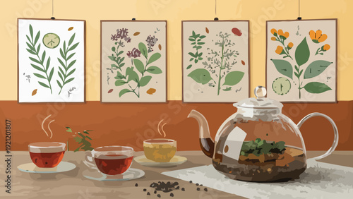 Herbal tea infusions and botanical art in cozy cafe setting with glass teapot and cups on wooden table