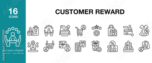Customer Reward icon set. Includes customer, reward, loyalty, bonus, points and More. Editable Stroke Icon Collection.