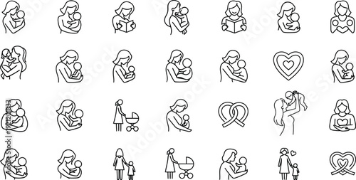 Black and white line of mothers and children baby stroller heart
