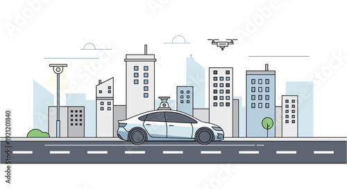 Modern autonomous vehicle driving on a city road with urban buildings and a drone flying overhead, illustrating smart transportation and future technology.