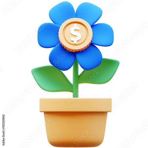 Financial growth and investment concept, Blue flower with dollar coin growing in a pot, 3D Illustration, Transparent background.