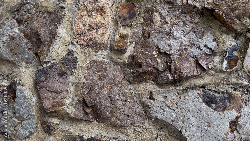 Fototapeta premium Natural stone wall texture with rough irregular rock pattern and cement joints, detailed weathered surface ideal for background, architecture and design use