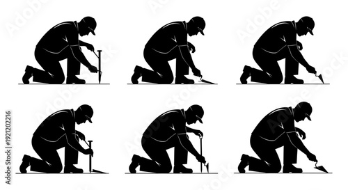 kneeling worker silhouette on ground with trowel and stake manual labor gardening construction and surveying projects.