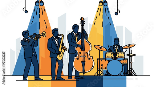 jazz musicians performing live with trumpet saxophone double bass and drums on stage under spotlights for entertainment.