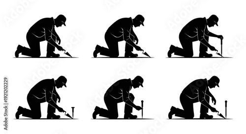 kneeling worker silhouette using a hand trowel some designs feature a ground stake ideal for gardening construction and surveying.