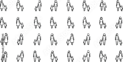 Black and white stick figures of mothers and children