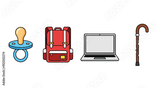 lifes journey a pacifier backpack laptop and walking stick visually symbolize human development from infancy through old age.