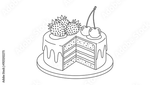 line art cake slice removed showing layers and frosting topped with strawberries and cherries perfect for dessert coloring page.