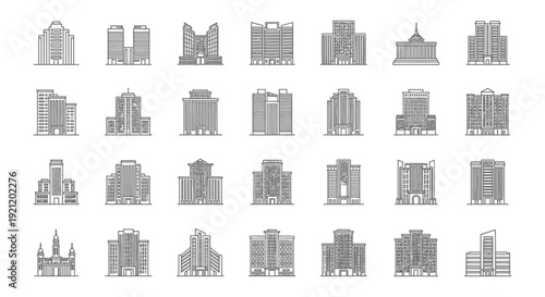 line art architectural city building icons collection depicting diverse modern and classic urban structures for design and business concepts