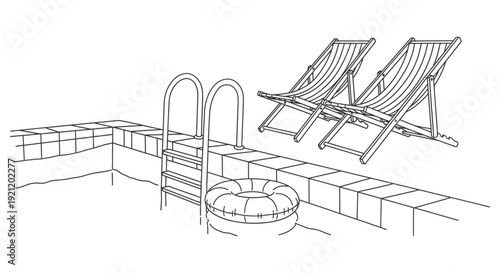 line art drawing of a swimming pool with deck chairs ladder and floating tube conveying summer vacation and relaxation concepts