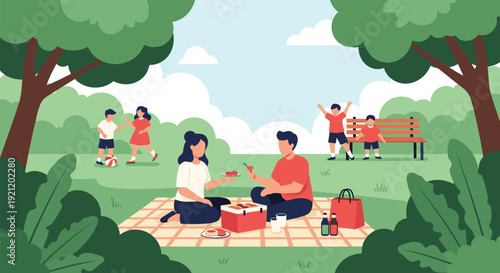 Happy family enjoying a relaxing picnic on a blanket in a green park with trees, children playing with a ball, and a basket of food.