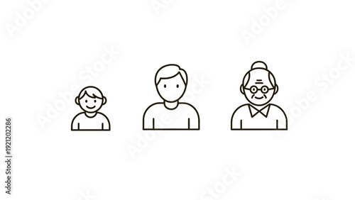 line art icons depicting human age progression child adult and senior figures representing life stages family and generations.