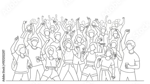 line art drawing of an energetic diverse crowd raising fists and arms symbolizing unity protest and community celebration.
