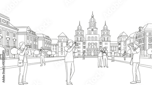 line art illustration of tourists photographing historic european architecture in a city square ideal for travel sightseeing and culture.