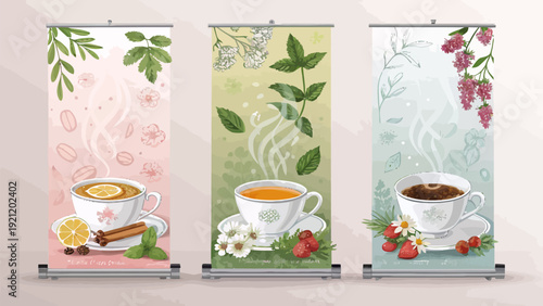 Gourmet tea advertising banners with warm drinks on saucers and sweet treats on a clean background
