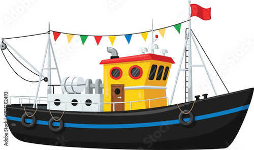 Colorful cartoon fishing boat with cabin, lifebuoys and festive flags isolated on white background, detailed maritime vessel vector illustration for children design