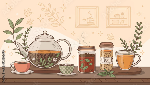 Elegant tea shop banner with glass teapots jars of herbs and tea cups on a wooden table in a cozy setting
