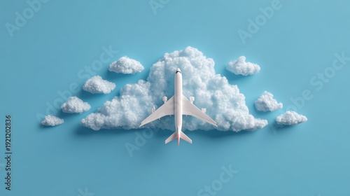 White airplane flying through clouds in blue sky