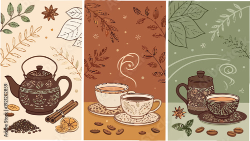 Vintage tea menu backgrounds with teaware and loose leaf tea illustrations for cafe or restaurant