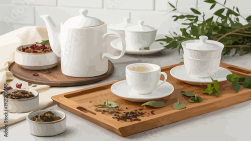Elegant tea set with cups teapot and saucers on wooden trays with herbs and tea leaves on a white table