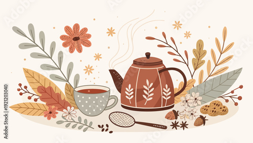 Cozy beverage shop header template with teapot cup and autumnal leaves for warm drink promotions and seasonal advertising