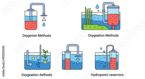 A comprehensive illustration depicting various oxygenation methods and hydroponic reservoir setups for aquatic and plant cultivation systems.